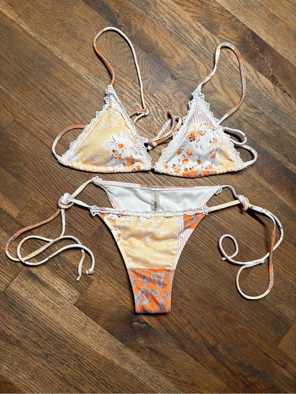 Floral Lace Trim Triangle Bikini Set - Yellow & Orange NWOT